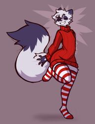  &diams; ambiguous_gender anthro arctic_fox canid canine closed_eyes clothing dipstick_ears dipstick_tail dust_(mewgle) fluffy fluffy_tail fox fur grey_body grey_fur hi_res legwear mammal markings mewgle multicolored_ears pattern_clothing pattern_legwear pattern_thigh_highs raised_leg red_clothing red_sweater red_topwear smile solo striped_clothing striped_legwear striped_thigh_highs stripes suit_symbol sweater tail_markings thigh_highs topwear wide_hips 