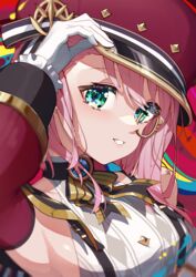  absurdres aqua_eyes arm_up armpits breasts charlotte_(genshin_impact) commentary detached_sleeves female genshin_impact gloves hand_on_headwear highres long_sleeves medium_breasts monocle parted_lips patatatan pink_hair portrait red_headwear short_hair sideboob smile solo white_gloves 