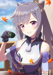  autumn_leaves bare_shoulders blue_sky blush breasts choker cloud cup day double_bun dress drink female genshin_impact gloves hair_bun hair_ornament hairclip holding holding_cup kenjirohayamiti keqing_(genshin_impact) leaf looking_at_viewer maple_leaf medium_breasts sky solo teacup twintails upper_body 