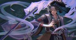  1boy bandaged_arm bandages black_hair chinese_commentary closed_mouth commentary_request dark_background highres long_hair long_sleeves looking_at_viewer male_focus nack one_eye_closed onikiri_(onmyoji) onmyoji pom_pom_(clothes) scar scar_across_eye scar_on_face solo standing sword weapon yellow_eyes 