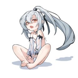  absurdres azur_lane bare_legs bare_shoulders barefoot bikini black_choker breasts choker cleavage commentary drake_(azur_lane) drake_(the_golden_hind&#039;s_respite)_(azur_lane) feet female full_body grey_hair hair_between_eyes highres korean_commentary legs long_hair looking_at_viewer mmhomm oerba_yun_fang open_mouth ponytail red_eyes simple_background sitting skin_fang soles solo spread_fingers swimsuit white_background white_bikini 