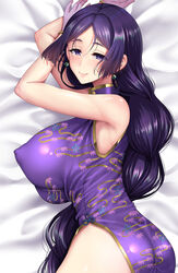  absurdres ass bare_shoulders bracelet braid braided_ponytail breasts china_dress chinese_clothes closed_mouth dakimakura_(medium) dress earrings fate/grand_order fate_(series) female gloves gold_trim highres jewelry large_breasts long_hair looking_at_viewer minamoto_no_raikou_(fate) minamoto_no_raikou_(traveling_outfit)_(fate) parted_bangs purple_dress purple_eyes purple_gloves purple_hair side_slit smile solo very_long_hair youshuu 