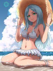  blue_hair breasts character_request cleavage closed_mouth cloud collarbone female foot_out_of_frame hat highres imperial_saga jewelry kitaokasensei long_hair looking_at_viewer navel outdoors romancing_saga romancing_saga_re;universe saga smile solo swimsuit 