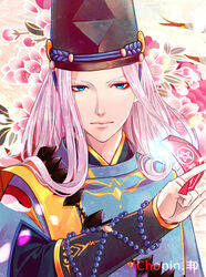  1boy abe_no_seimei_(onmyoji) artist_name beads blue_eyes chinese_clothes chopin510 closed_mouth collar eyeshadow floral_background flower hat holding jewelry long_hair long_sleeves looking_at_viewer makeup male_focus onmyoji photoshop_(medium) pink_flower solo tate_eboshi upper_body white_hair 