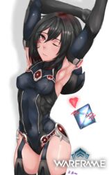  absurdres armpits black_hair bodysuit breasts commentary female highres kb-5 leotard long_hair looking_at_viewer multicolored_hair one_eye_closed operator_(warframe) ordis_(warframe) red_eyes red_hair scar small_breasts solo streaked_hair two-tone_hair warframe 