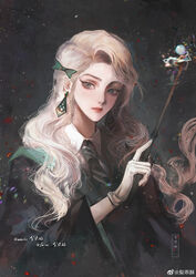  absurdres black_coat blonde_hair cassandra_vole chinese_commentary closed_mouth coat collared_shirt commentary_request earrings female green_eyes green_necktie green_ribbons hair_ribbon harry_potter:_magic_awakened harry_potter_(series) highres hogwarts_school_uniform holding holding_wand jewelry li_guai_su lips long_hair long_sleeves looking_at_viewer mole mole_under_eye necktie nose pleated_skirt ribbon school_uniform shirt skirt slytherin solo wand weibo_logo weibo_watermark white_shirt wizarding_world 