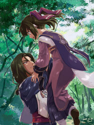  1boy animal_ears armpit_carry cape commentary_request female forest hair_ribbon lifting_person nape nature nekone_(utawarerumono) oshtor outdoors ribbon tail tori_(kitarune) tree twintails utawarerumono utawarerumono:_itsuwari_no_kamen 