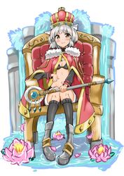  :3 absurdres animal_ears aotsuba bikini bikini_top_only black_bikini black_legwear blush boots cat_ears crown eyes_visible_through_hair facial_mark female flower fountain full_body fur_trim highres holding holding_scepter long_sleeves lotus navel nia_(xenoblade) oerba_yun_fang robe scepter short_shorts shorts simple_background sitting skin_fang solo spoilers swimsuit throne water white_background xenoblade_chronicles_(series) xenoblade_chronicles_2 yellow_eyes 