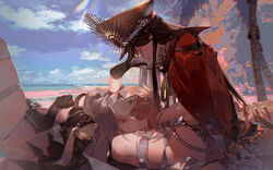  2girls beach bikini black_hair blue_sky cape closed_eyes commentary_request day elbow_gloves fate/grand_order fate_(series) gloves hat indian_style kawacy long_hair looking_at_another lying lying_on_lap military_hat multiple_girls ocean oda_nobunaga_(fate) oda_nobunaga_(swimsuit_berserker)_(fate) oda_nobunaga_(swimsuit_berserker)_(second_ascension)_(fate) oda_uri okita_j._souji_(fate) okita_j._souji_(second_ascension)_(fate) okita_souji_(fate) on_back outdoors palm_tree peaked_cap platinum_blonde_hair red_cape shade short_hair sitting sky straight_hair swimsuit thighs tree tree_shade very_long_hair yellow_eyes yuri 