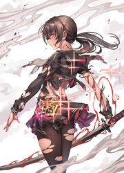  bare_back black_hair black_pantyhose black_serafuku black_skirt bleeding blood blood_on_face closed_mouth commentary_request cowboy_shot cuts female from_behind highres holding holding_sword holding_weapon idolmaster idolmaster_million_live! idolmaster_million_live!_theater_days injury katana long_hair looking_back machi_(machi333) neckerchief panties panties_under_pantyhose panty_peek pantyhose profile red_eyes school_uniform serafuku skirt solo sparkle sword takayama_sayoko torn_clothes torn_pantyhose underwear weapon white_panties 