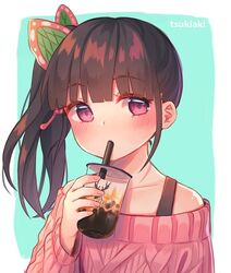  bangs black_hair blunt_bangs bubble_tea butterfly_hair_ornament collarbone commentary cup disposable_cup drinking drinking_straw female hair_ornament holding holding_cup kimetsu_no_yaiba looking_at_viewer off-shoulder_sweater off_shoulder pink_eyes pink_sweater ribbed_sweater side_ponytail solo strap sweater tsukiaki_teriyaki tsuyuri_kanao upper_body 