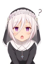  :o ? black_dress blush commentary_request dress female habit hair_between_eyes itomi_sayaka looking_at_viewer natsu_(927013) nun open_mouth purple_eyes short_hair simple_background solo toji_no_miko traditional_nun upper_body veil white_background white_hair 