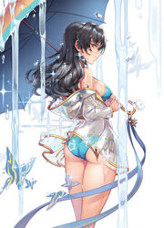  aqua_bikini ass bikini black_hair breasts bug butterfly closed_mouth commentary_request cowboy_shot female from_behind highres holding holding_umbrella idolmaster idolmaster_million_live! idolmaster_million_live!_theater_days large_breasts long_hair looking_back machi_(machi333) profile raincoat red_eyes see-through smile solo sparkle swimsuit takayama_sayoko umbrella water 