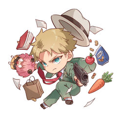  1boy :o action aiming aiming_at_viewer anya_(spy_x_family) apple aqua_eyes artist_name bag black_dress black_footwear blonde_hair book brown_bag carrot chibi closed_mouth clothes_grab collared_shirt dangling dress dropping eden_academy_school_uniform fake_horns female food frown fruit full_body green_jacket green_pants green_vest grey_headwear grocery_bag gun hair_ornament handgun hat hat_loss highres holding holding_gun holding_weapon horns jacket lolicon long_sleeves looking_at_viewer looking_away necktie open_mouth outstretched_arms pants paper paper_bag peanut pink_hair red_necktie school_uniform shirt shoes shopping_bag short_hair sideburns simple_background spy_x_family surprised twilight_(spy_x_family) vest weapon white_background white_legwear white_shirt wide-eyed zoe_(killyou80) 