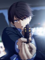  1boy aiming aiming_at_viewer black_hair blue_jacket blurry blurry_background closed_mouth collared_shirt commentary_request dated depth_of_field facial_hair fingernails gun hair_between_eyes handgun highres holding holding_gun holding_weapon jacket kouno_kb long_sleeves looking_at_viewer male_focus meitantei_conan purple_eyes scotch_(meitantei_conan) serious shirt short_hair signature solo stubble upper_body weapon white_shirt 