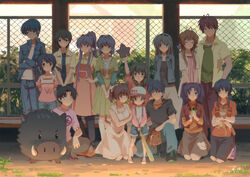  4boys 6+girls :o ^_^ animal antenna_hair apron arm_up arms_behind_back baseball_bat baseball_cap baseball_mitt black_hair blue_hair blue_jacket blue_pants blue_shorts boar botan_(clannad) brown_eyes brown_hair chain-link_fence clannad closed_eyes closed_mouth collarbone commentary crossed_arms dated denim dress everyone feline fence fujibayashi_kyou fujibayashi_ryou furukawa_akio furukawa_nagisa furukawa_sanae green_dress hair_bobbles hair_intakes hair_ornament hair_ribbon hand_on_own_hip hat highres holding holding_animal hood hood_down ibuki_fuuko ibuki_kouko ichinose_kotomi jacket jeans jewelry kneehighs kneeling layered_sleeves lolicon long_hair long_sleeves looking_at_viewer making-of_available multiple_boys multiple_girls necklace okazaki_tomoya okazaki_ushio on_one_knee open_clothes open_jacket orange_footwear outdoors own_hands_together pants ponytail puffy_short_sleeves puffy_sleeves purple_eyes ribbon sagara_misae sakagami_tomoyo shirt shoes short_hair short_over_long_sleeves short_sleeves shorts sidelocks signature skirt sleeveless sleeveless_dress smile sneakers socks squatting standing star_(symbol) sunohara_mei sunohara_youhei suspender_shorts suspenders t-shirt twintails two_side_up white_dress white_legwear white_ribbon white_skirt xiaobanbei_milk yellow_shirt yoshino_yuusuke 