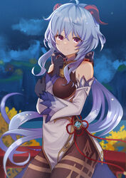  ahoge arm_between_breasts bare_shoulders bell between_breasts black_gloves black_legwear blue_hair bow bowtie breasts cha0198 chinese_knot curled_horns detached_sleeves female flower_knot ganyu_(genshin_impact) genshin_impact gloves gold_trim highres horns long_hair looking_at_viewer medium_breasts neck_bell night night_sky outdoors purple_eyes sidelocks sky smile solo standing tassel thighlet very_long_hair vision_(genshin_impact) white_sleeves wide_sleeves 