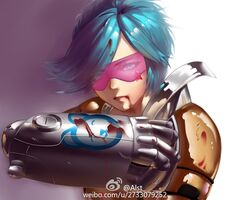  armor artist_name blood blood_on_face blue_hair female goggles hand_up league_of_legends looking_at_viewer mechanical_arms neon_strike_vi pink-tinted_eyewear pink_background short_hair single_mechanical_arm solo star_(symbol) swept_bangs tinted_eyewear upper_body vi_(league_of_legends) web_address white_background woaidnfhehe 