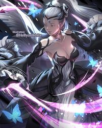  animal bare_shoulders black_bow black_choker black_dress black_gloves blue_butterfly bow breasts bug butterfly choker cleavage collarbone commentary commission dagger detached_sleeves dress dual_wielding earrings eir_(fire_emblem) english_commentary female fire_emblem fire_emblem_heroes frilled_sleeves frills gloves grey_eyes grey_hair hair_ornament hairbow headgear holding holding_dagger holding_weapon insects jewelry long_hair looking_away medium_breasts parted_lips paula_biedma ponytail solo teeth twitter_username very_long_hair weapon white_dress wide_sleeves 