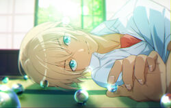  1boy amuro_tooru blonde_hair blue_eyes blurry blurry_background buttons closed_mouth collared_shirt commentary_request depth_of_field dress_shirt fingernails hair_between_eyes highres holding indoors kouno_kb lens_flare looking_at_viewer lying male_focus marble_(toy) meitantei_conan on_side shirt short_hair smile solo undershirt upper_body white_shirt 