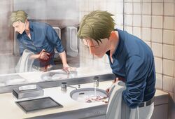  1boy artist_name belt belt_buckle biting_own_lip bleeding blonde_hair blood blood_stain blue_shirt brown_belt buckle button_gap closed_eyes collared_shirt commentary dress_shirt highres indoors injury jacket jujutsu_kaisen male_focus mirror nanami_kento no_eyewear osusiudon pain pants reflection restroom shirt short_hair sink solo sweat tiles tissue_box unworn_jacket urinal water white_pants wince 