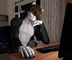  3d_(artwork) anthro bored chair clothed clothing computer_keyboard computer_mouse digital_media_(artwork) domestic_cat felid feline felis fisk_(angry_cat) furniture hair littlefisky male mammal on_chair sitting sitting_on_chair solo topless 