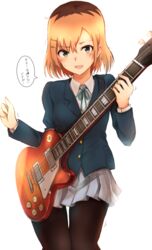  :d black_pantyhose blonde_hair blue_jacket blue_ribbon brown_eyes brown_hair collared_shirt cosplay electric_guitar female gibson_les_paul grey_skirt guitar hair_between_eyes hair_ornament hairclip hirasawa_yui hirasawa_yui_(cosplay) holding holding_instrument instrument jacket k-on! long_sleeves looking_at_viewer miniskirt miyamori_aoi multicolored_hair neck_ribbon open_mouth pantyhose pleated_skirt ribbon roots_(hair) sakuragaoka_high_school_uniform school_uniform shirobako shirt short_hair simple_background skirt smile solo speech_bubble standing tahita1874 thigh_gap translated two-tone_hair white_background white_shirt wing_collar winter_uniform 