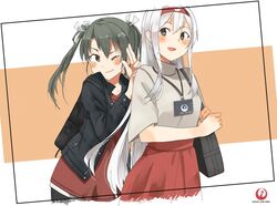  2girls alternate_costume annin_musou backpack bad_id bad_twitter_id bag black_eyes black_jacket casual commentary_request cowboy_shot dark_green_hair grey_shirt hairband id_card jacket japan_airlines kantai_collection logo long_hair looking_at_viewer multiple_girls official_alternate_costume one_eye_closed red_hairband red_shirt red_skirt shirt shoukaku_(kancolle) skirt turtleneck twintails upper_body white_hair white_shirt zuikaku_(kancolle) 