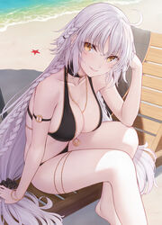  ahoge bare_shoulders beach beach_chair bikini black_bikini blush bracelet braid breasts cleavage fate/grand_order fate_(series) female grey_hair hair_between_eyes jeanne_d&#039;arc_alter_(fate) jeanne_d&#039;arc_alter_(festival_outfit)_(fate) jewelry large_breasts long_hair looking_at_viewer multiple_braids nananichi necklace official_alternate_costume outdoors photoshop_(medium) sand sitting smile solo swimsuit thighlet thighs very_long_hair water yellow_eyes 