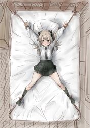  bed bedroom black_necktie black_ribbon black_skirt black_socks blush bondage bondage bound bound_arms bound_legs brown_eyes dress_shirt female from_above frown girls_und_panzer hair_ribbon indoors light_brown_hair long_hair looking_at_viewer lying military military_uniform miniskirt necktie nyororiso_(muyaa) on_back on_bed one_side_up parted_lips pleated_skirt ribbon rope selection_university_military_uniform separated_legs shimada_arisu shirt skirt socks solo spread_eagle_position tearing_up uniform white_shirt 