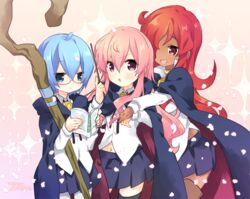  3girls :3 :d blue_cape blue_eyes blue_hair bolo_tie cape chibi commentary dark-skinned_female dark_skin girl_sandwich glasses gradient_background holding kirche_augusta_frederica_von_anhalt_zerbst looking_at_viewer louise_francoise_le_blanc_de_la_valliere multiple_girls open_mouth pentacle pentagram petals pink_background pink_eyes pink_hair red-framed_eyewear red_hair sandwiched semi-rimless_eyewear shirt signature skirt smile tabitha_(zero_no_tsukaima) takamura_masaya thighhighs under-rim_eyewear wand white_shirt zero_no_tsukaima zettai_ryouiki 