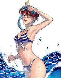  armpits bikini blue_bikini breasts brown_eyes cleavage commentary cowboy_shot diving_mask diving_mask_on_head english_commentary female front-tie_bikini_top front-tie_top goggles goggles_on_head hair_between_eyes han_soo-min_(hanny) hanny_(uirusu_chan) highres looking_at_viewer multicolored_bikini multicolored_clothes open_mouth original red_hair redrawn salute short_hair small_breasts smile snorkel solo striped_bikini striped_clothes swimsuit tekken thighs water wet 