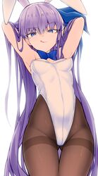  :q absurdres animal_ears armpits arms_behind_head ass_visible_through_thighs black_pantyhose blue_eyes blue_ribbon bow bowtie breasts cowboy_shot fate/extra fate/extra_ccc fate_(series) female from_below hair_ribbon highres long_hair looking_at_another looking_at_viewer looking_down meltryllis_(fate) pantyhose playboy_bunny purple_hair rabbit_ears ribbon simple_background smile solo thighband_pantyhose tongue tongue_out very_long_hair white_background yoosai 