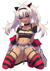  :d absurdres akaya_shiki bare_shoulders blush breasts collarbone commentary_request commission crop_top dark-skinned_female dark_skin fangs female garter_straps grey_hair hairband high_heels highres jacket jacket_partially_removed long_hair matsukai_mao matsukai_mao_(1st_costume) micro_shorts midriff navel nijisanji petite purple_eyes short_shorts shorts simple_background skeb_commission small_breasts smile solo squatting striped_clothes striped_thighhighs sweat sweatdrop thigh_strap thighhighs thong twintails virtual_youtuber white_background zettai_ryouiki 