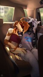  3d_(artwork) 4k 9:16 absurd_res anthro black_body black_fur bottomwear breasts brown_body brown_fur brown_hair buckteeth canid canine car cheek_tuft closed_eyes clothed clothing digital_media_(artwork) domibun duo facial_tuft female fox fur grey_bottomwear grey_clothing grey_pants hair hi_res holly_zanzibar inside_car lagomorph leporid male mammal markings medium_breasts pants rabbit red_clothing red_topwear sleeping sleeveless_shirt source_filmmaker_(artwork) teeth topwear tuft vehicle warfare_holly warfare_machine wes_(dominus) white_hair white_markings 