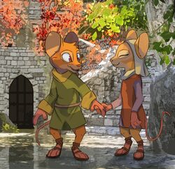  2021 anthro closed_eyes clothed clothing cornflower_fieldmouse detailed_background dialogue duo english_text female fully_clothed fur hand_holding head_tuft hi_res light lighting male mammal matthias_(redwall) mouse murid murine outside plant redwall rodent shaded smile text tree trenin tuft 