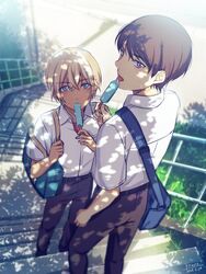  2boys aged_down amuro_tooru belt bishounen black_belt black_pants blonde_hair blue_eyes blurry blush briefcase brown_hair collared_shirt commentary_request dappled_sunlight dated day depth_of_field food hair_between_eyes highres holding holding_food holding_strap hot kouno_kb licking looking_at_viewer looking_back male_focus meitantei_conan multiple_boys outdoors pants plant popsicle purple_eyes school_briefcase school_uniform scotch_(meitantei_conan) shadow shirt shirt_tucked_in short_hair signature stairs standing sunlight sweat tongue tongue_out undershirt white_shirt 