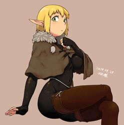  black_bodysuit blonde_hair bodysuit boots brown_footwear brown_thighhighs capelet commentary covered_navel covered_nipples cra_(wakfu) crossed_legs elf evangelyne_(wakfu) female fingerless_gloves freckles fur_trim gloves green_eyes grey_background leather leather_boots looking_at_viewer pointy_ears short_hair simple_background sitting solo thigh_boots thighhighs tsukudani_(coke-buta) wakfu 