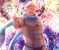  1boy abs absurdres bara black_fundoshi black_hair black_male_underwear blonde_hair blush commentary_request crow_(siranui) firework_background fireworks fundoshi highres horns japanese_clothes jiraiya_(housamo) large_pectorals looking_at_viewer male_focus male_underwear multicolored_hair muscular muscular_male navel nipples pectorals revision scarf short_hair smile solo tokyo_afterschool_summoners topless_male underwear upper_body 