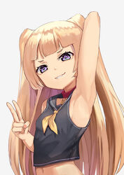  arm_behind_head armpit_focus armpits azur_lane bache_(azur_lane) bare_arms bare_shoulders black_sailor_collar black_shirt blonde_hair blunt_bangs breasts collar commentary crop_top female grey_background heart heart-shaped_pupils long_hair looking_at_viewer midriff navel neckerchief no_headwear presenting_armpit purple_eyes red_collar sailor_collar shirt simple_background small_breasts smile solo symbol-shaped_pupils two_side_up upper_body v wujiemang yellow_neckerchief 