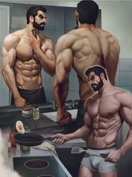  1boy abs aenaluck artist_name bara beard black_hair boxer_briefs carlnes_(aenaluck) chest_hair cooking egg_(food) electric_razor facial_hair flipping_food food fried_egg frying_pan highres holding holding_frying_pan holding_razor holding_spatula large_pectorals male_focus male_underwear manly mirror multiple_views muscular muscular_male navel nipples original pectorals razor reflection shaving shaving_beard short_hair spatula topless_male towel towel_around_waist underwear white_male_underwear 