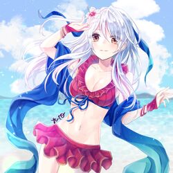  arm_up bare_shoulders bikini bikini_skirt blue_scarf breasts cleavage collarbone cowboy_shot female fingerless_gloves fire_emblem fire_emblem:_radiant_dawn fire_emblem_heroes flower front-tie_bikini_top front-tie_top gloves grey_hair groin hair_flower hair_ornament hair_ribbon half_updo long_hair looking_at_viewer micaiah_(fire_emblem) micaiah_(summer)_(fire_emblem) navel ocean official_alternate_costume pleated_skirt red_bikini red_gloves ribbon scarf skirt sleeveless smile solo swimsuit towel water yellow_eyes yuyu_(spika) 