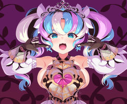  :3 :d aqua_hair armor bare_shoulders blue_eyes blush breastplate breasts dan_(orange_train) detached_sleeves female gloves high_contrast highres large_breasts looking_at_viewer mesugaki multicolored_hair pink_hair pointing pointing_at_self princess_(sekaiju) princess_5_(sekaiju) sekaiju_no_meikyuu sekaiju_no_meikyuu_3 sekaiju_no_meikyuu_hd sideboob smile solo tiara upper_body white_hair white_sleeves 