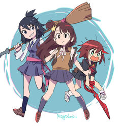  3girls black_hair black_skirt blue_skirt brown_hair company_connection cosplay costume_switch crossover embarrassed erica_mendez hair_ornament kagari_atsuko kagari_atsuko_(cosplay) kill_la_kill little_witch_academia looking_to_the_side luluco luluco_(cosplay) mago matoi_ryuuko matoi_ryuuko_(cosplay) multiple_crossover multiple_girls open_mouth school_uniform scissor_blade_(kill_la_kill) senketsu side_ponytail skirt star_(symbol) star_hair_ornament trigger_(company) uchuu_patrol_luluco voice_actor_connection 