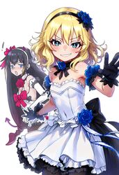  ! 2girls absurdres alternate_costume arm_garter bad_id bad_twitter_id bare_shoulders black_gloves black_hair black_hairband blonde_hair blue_eyes blue_flower blue_rose breasts bright_pupils covered_navel detached_collar dress dress_flower ebora flower front_bow gloves gradient_hair grin hair_between_eyes hair_flower hair_ornament hairband highres layered_dress leivinia_birdway lessar long_hair looking_at_another looking_at_viewer mechanical_tail medium_breasts medium_hair multicolored_hair multiple_girls neck_flower pink_flower pink_rose rose shiny_skin sideboob small_breasts smile strapless strapless_dress sweatdrop tail toaru_majutsu_no_index very_long_hair white_background white_dress white_hairband white_pupils 