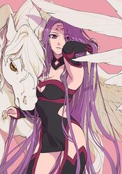  arm_up breasts cleavage cowboy_shot detached_sleeves dress eyes_visible_through_hair facial_mark fate/grand_order fate/stay_night fate_(series) female forehead_mark isshoku_(shiki) long_hair looking_at_viewer medusa_(fate) medusa_(rider)_(fate) medusa_(rider)_(third_ascension)_(fate) parted_lips pegasus pink_background purple_eyes purple_hair short_dress simple_background standing thighhighs very_long_hair yellow_eyes 