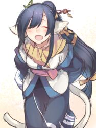  animal_ears arms_behind_back black_hair blush cat_ears cat_tail closed_eyes female kuon_(utawarerumono) leaning_forward long_hair nikame open_mouth ponytail ribbon smile solo tail utawarerumono utawarerumono:_itsuwari_no_kamen white_background yellow_ribbon 