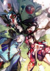  2boys 2girls abe_no_seimei_(onmyoji) abs arms_behind_head asymmetrical_bangs black_hair black_headwear blue_eyes blunt_bangs circle_formation closed_eyes closed_mouth collar commentary_request cup eyeshadow food grass hair_ornament hat holding holding_umbrella japanese_clothes kagura_(onmyoji) long_hair long_sleeves looking_at_viewer looking_to_the_side lying makeup midriff minamoto_no_hiromasa_(onmyoji) multicolored_hair multiple_boys multiple_girls muscular nipples on_back onmyoji parted_bangs petals plate red_eyes red_hair sleeping smile tate_eboshi two-tone_hair umbrella white_hair yao_bikuni_(onmyoji) yyb 