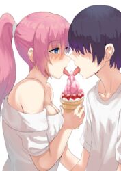  1boy bare_shoulders blue_eyes breasts collarbone female food highres holding holding_food holding_ice_cream ice_cream izumi_yuu_(kawaii_dake_ja_nai_shikimori-san) kawaii_dake_ja_nai_shikimori-san long_hair looking_at_another medium_breasts mikame_v2 open_mouth pink_hair ponytail purple_hair shaded_face shikimori_(kawaii_dake_ja_nai) shirt short_hair sideboob tongue tongue_out upper_body white_background white_shirt 