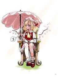  ascot black_nails blonde_hair blush chair closed_mouth collared_shirt commentary_request crystal dress eyes_visible_through_hair female flandre_scarlet grass hands_up hat hat_ribbon highres jewelry komori_(komo_ricecake) looking_to_the_side mob_cap multicolored_wings one_side_up puffy_short_sleeves puffy_sleeves red_dress red_eyes red_footwear red_ribbon ribbon rock rock_balancing shirt shoes short_hair short_sleeves simple_background sitting socks solo thought_bubble touhou umbrella white_background white_hat white_shirt white_socks wings wrist_cuffs yellow_ascot 